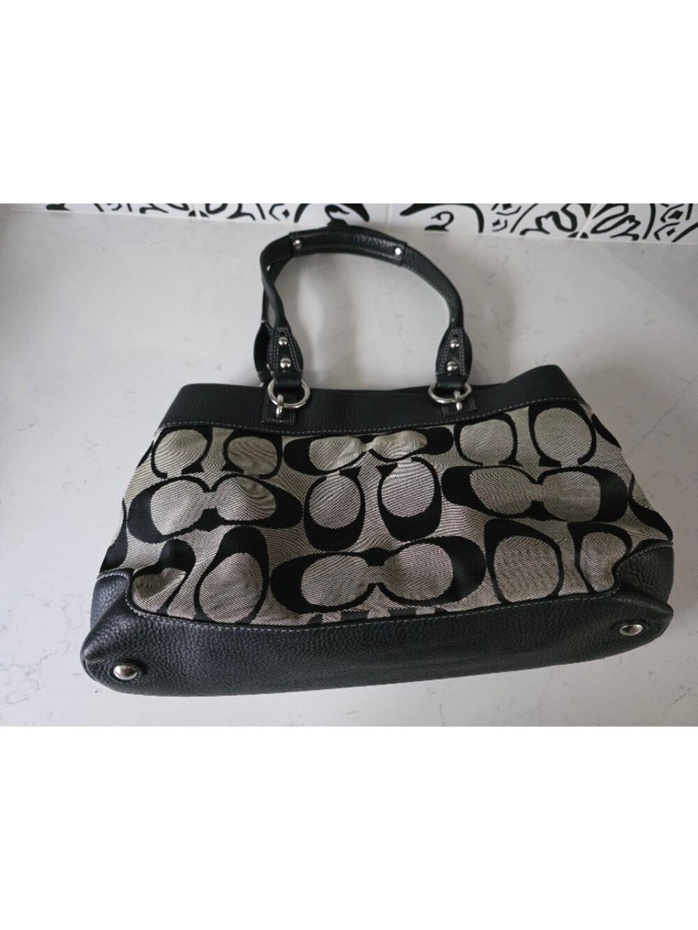 Coach "C" Signature Canvas Black Leather Satchel Shoulder Bag Purse Gray/Black